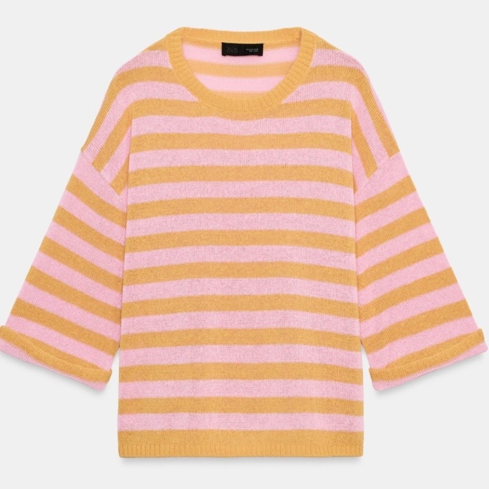 Zara Knit Sweater Womens Medium Pink Yellow Striped Oversized Linen Blend